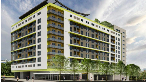 Rendering of a green and white building with balconies. 