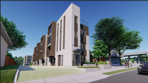 A view of modern townhomes in an Atlanta neighborhood. 
