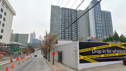 A row of buildings in Atlanta, with an overcast sky above. 