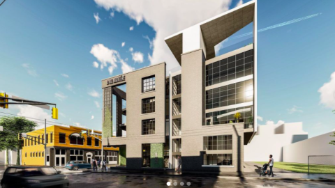 A modernistic building on a street corner in Atlanta, in renderings, under construction now. 