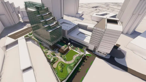 A rendering of a large parking garage being topped with a park next to a redone building. 