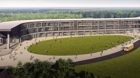 A rending of a linear modern new gray high school rising south of Atlanta. 