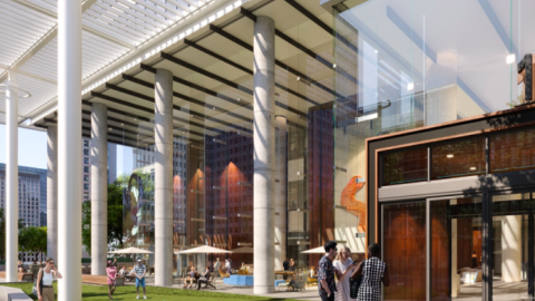 A rendering of a huge white office building with people in front. 