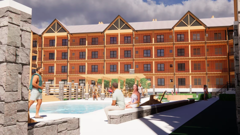 A rendering of a wooden condo building in the North Georgia Mountains with clouds above. 