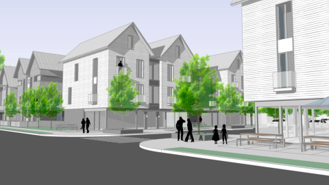 A rendering in black, white, and gray of a new development village in South Atlanta. 