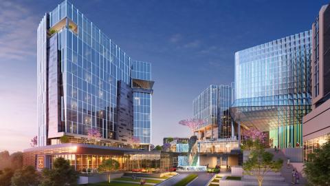 A rendering of several flashy glass tall buildings against a blue sky. 