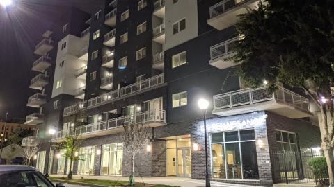 A photo of a new apartment building in Atlanta's downtown section.