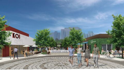 A rendering of new shops with people walking around them under blue skies. 