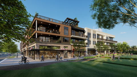 A rendering of a mixed-use building in Atlanta behind a park with trees around. 