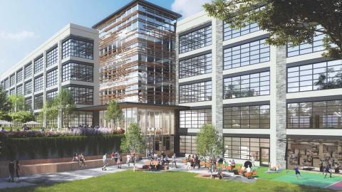 A rendering of an active office with people playing and working at the base. 