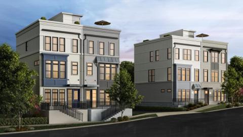 A rendering of two townhome blocks under blue-purple skies in Atlanta. 