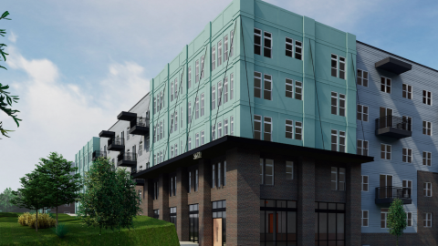 A rendering of a large apartment complex under blue skies next to a row of trees. 