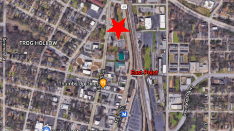 An overview of a historic city just south of Atlanta showing trees and buildings.
