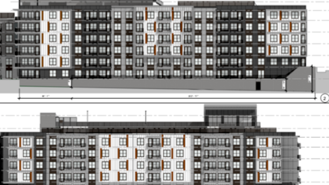 A white and black rendering for an apartment complex planned in Atlanta. 