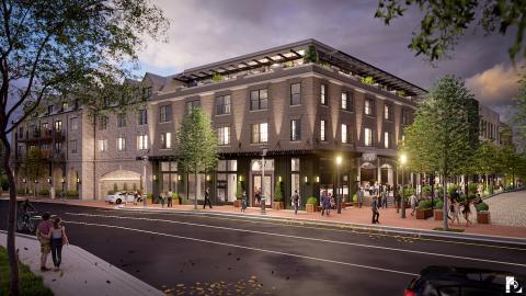 A rendering of a hotel that's part of a larger mixed-use space in an Atlanta suburb. 