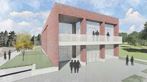 A rendering of a brick building next to a large cemetery with huge trees. 