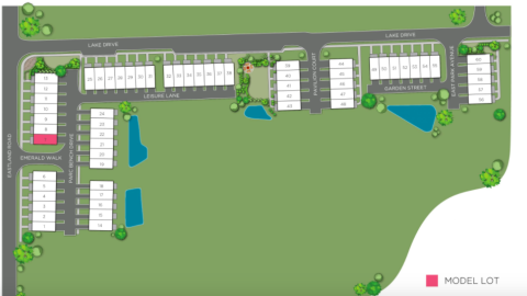 Plans for 60 townhomes built in an L shape near a large green park in Atlanta. 