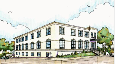 A rendering showing a white corner building under blue skies. 