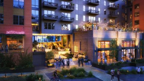 A rendering of a multicolored mixed-use building set for downtown Athens GA.