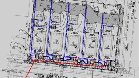 Site plan for five houses on a corner of Atlanta. 