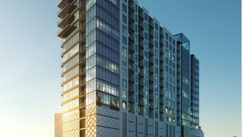 A rendering of a large mixed-use building under blue skies in Atlanta with retail at the base. 