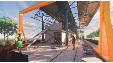 A rendering of a new restaurant space made from old factory bits in Atlanta. 