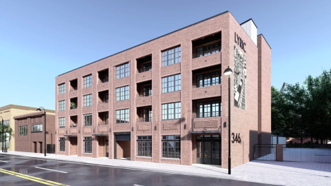 A rendering of a small brick condo building in Atlanta under blue skies. 
