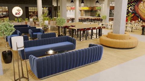 A rendering of a former Sears store outside Atlanta made into a fancy food hall with nice couches and eateries. 