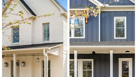 A collage of two houses, one white the other blue, under blue skies in Atlanta. 