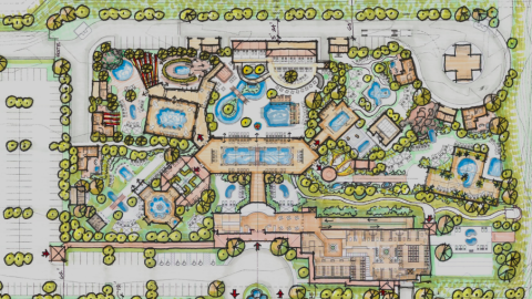 A rendering of a spa project with many pools and lagoons near Atlanta.