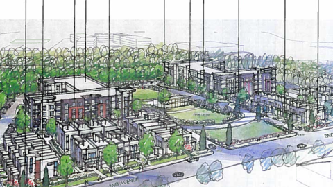 A rendering of a new mixed-use community where apartments and townhomes are planned. 