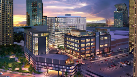 A rendering of a bunch of buildings in the middle of a many other buildings in Buckhead Atlanta. 