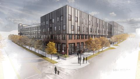 A rendering of a long mid-rise building under grayish skies made of brick and grey panels. 