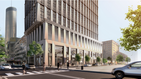 A rendering of a beige and glass apartment tower planned for a corner site in downtown Atlanta. 