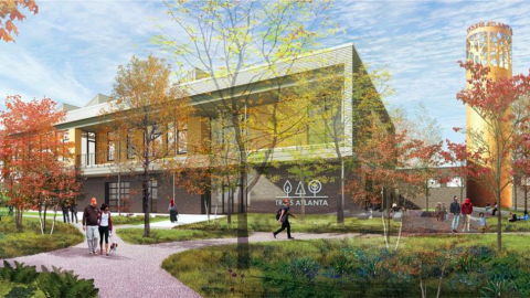 A rendering of a two story modern building next to many trees and under blue skies. 