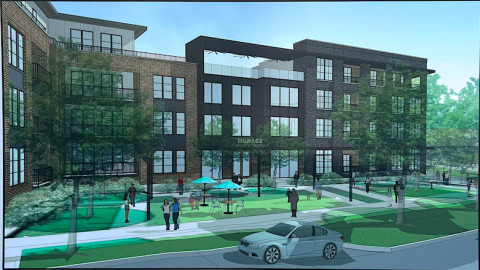 A rendering of a brick brown and black building under blue skies with trees around.
