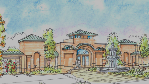 A rendering of a huge mediterranean-style spa complex under blue skies north of Atlanta. 