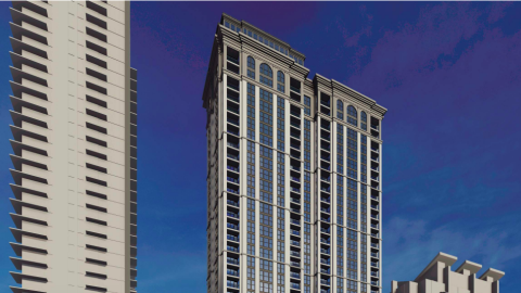 A rendering of a large new apartment tower of stone under a classical top and blue skies. 