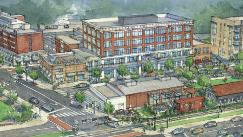 A watercolor rendering showing many new buildings rising up as part of a city center complex in the Atlanta suburbs.