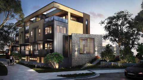 A rendering of a sleek modern townhome complex under blue gray skies in Atlanta. 