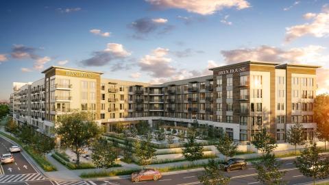 A rendering of a new mixed-use building with a pool and many trees at the left bottom corner under blue skies. 