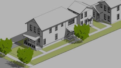 A rendering of a white two-story house with a sloped roof near trees and a lawn.