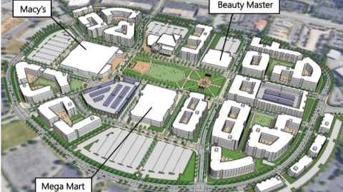 A rending showing many buildings and greenspaces created where a dying mall and parking lots exist today.