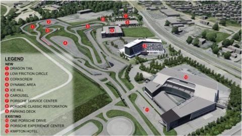 A rendering of a large racing track facility in Atlanta near many trees. 