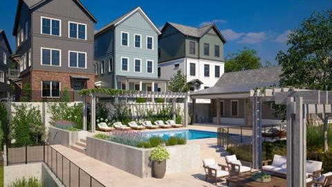 A rendering of a housing development with a pool and many tall units near trees. 