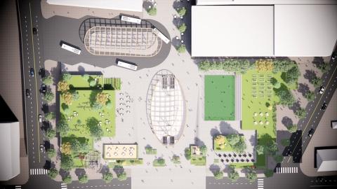 A rendering of a new bus station atop a modernized train station in downtown Atlanta.