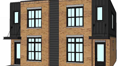 Plans for a brick and steel boxy duplex units with a white background in Atlanta. 