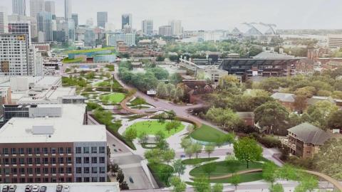 A rendering of a huge, long park project built atop a highway between large buildings in the middle of Atlanta. 