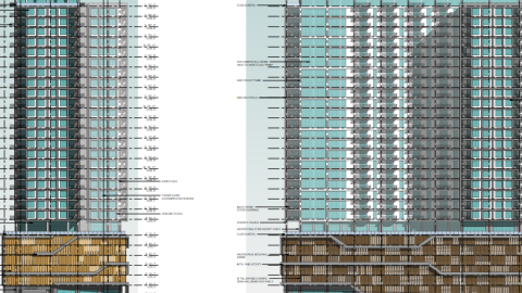 A rendering of a white and blue large apartment tower on a white backdrop in Atlanta. 