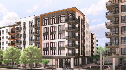 A rendering of two large white and brown and black buildings near a busy street.
